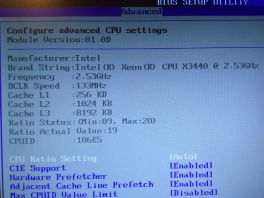 Процессор игрового ПК Intel Xeon X3440 в биосе
